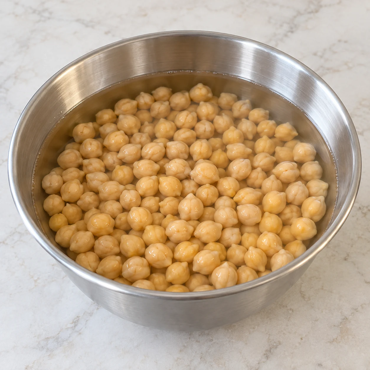 La veille, couvrir les 250 g de pois chiches secs d’eau froide et les laisser tremper jusqu’au lendemain. Montrer seulement les ingrédients de cette phase, dans une mise en scène claire et anonyme.