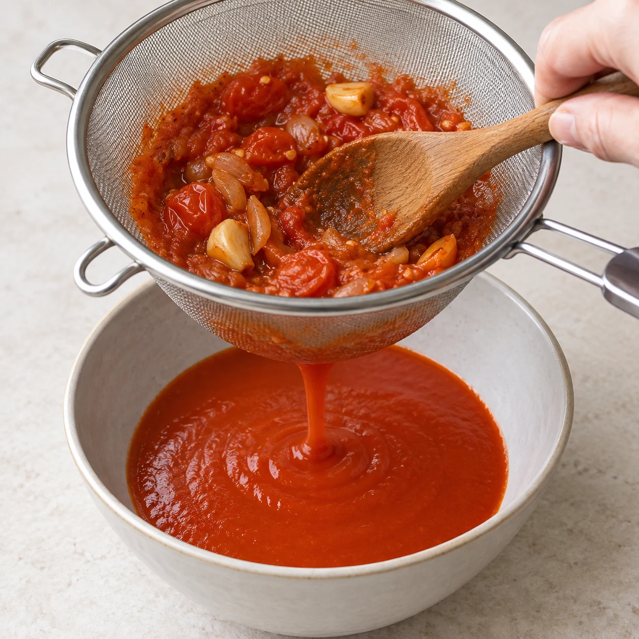 Passe la sauce au chinois au-dessus d’un récipient. La sauce recueillie est lisse, sans gros morceaux.