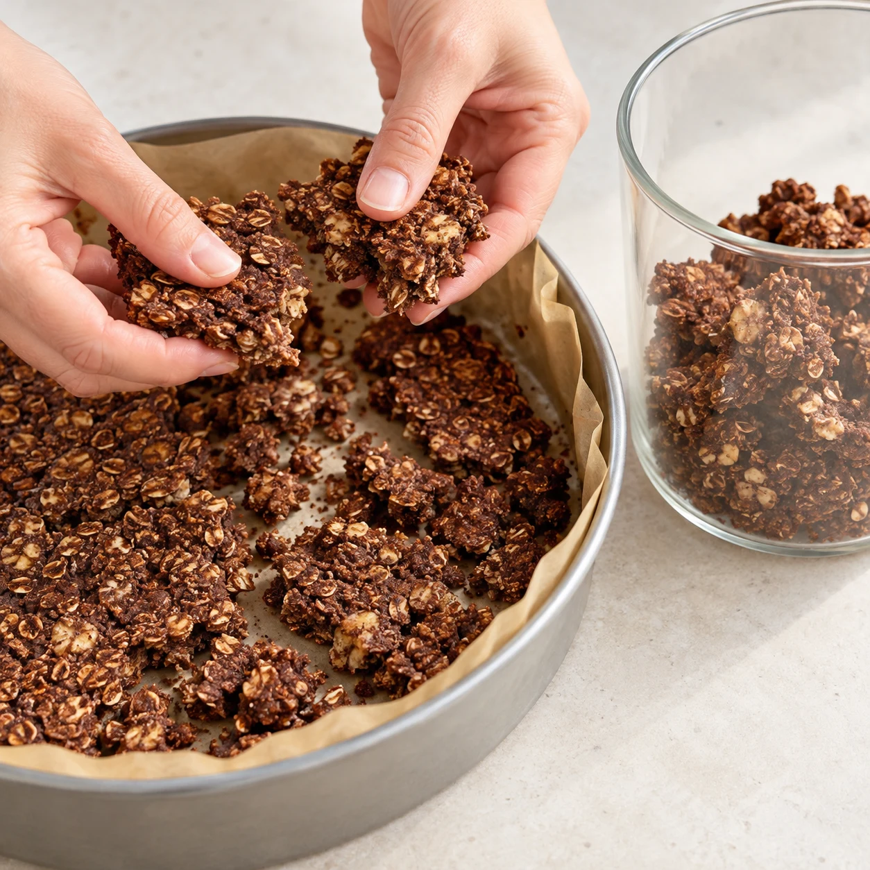 Mains adultes anonymes séparant du muesli froid en gros morceaux irréguliers à côté d’un bocal transparent ; sans garniture.