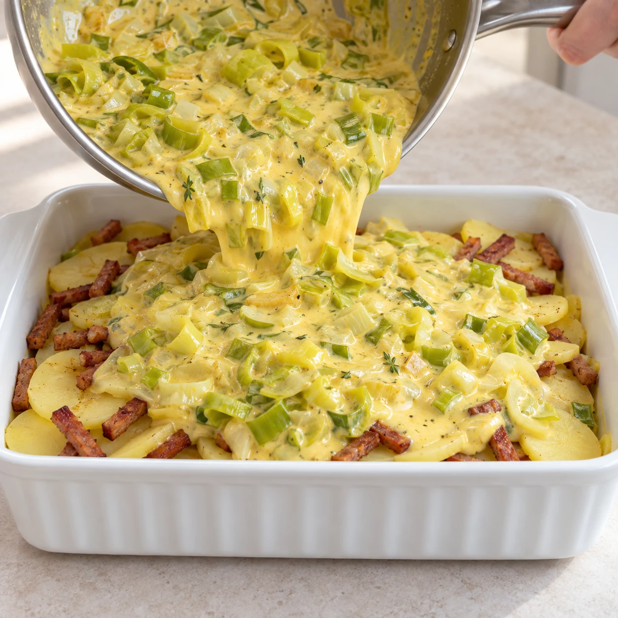 Versez la fondue de poireaux et toute sa sauce sur les pommes de terre et les lardons végétaux. Montrer seulement cet état, sans personne identifiable, visage, texte, logo ni ingrédient futur.