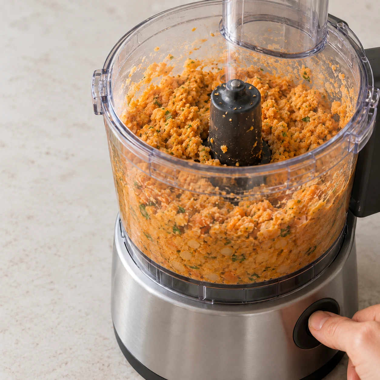 Mixer la pâte pour les nuggets de lentilles corail et carottes
