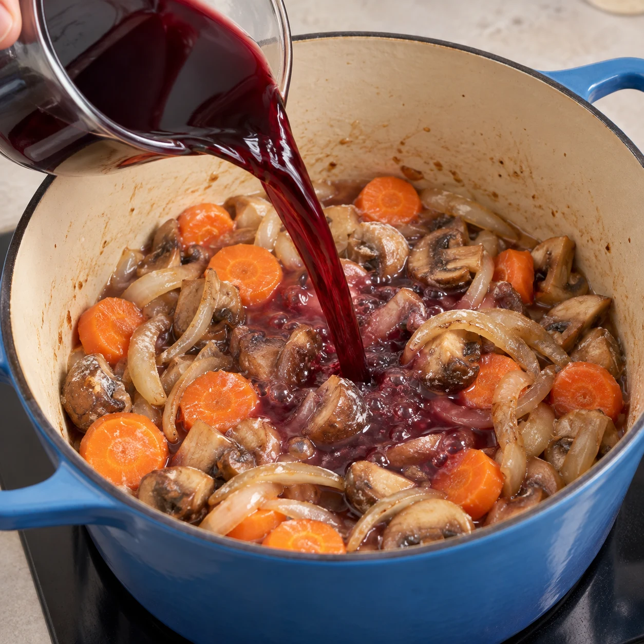 Vin rouge versé dans la cocotte carottes, champignons et oignons.
