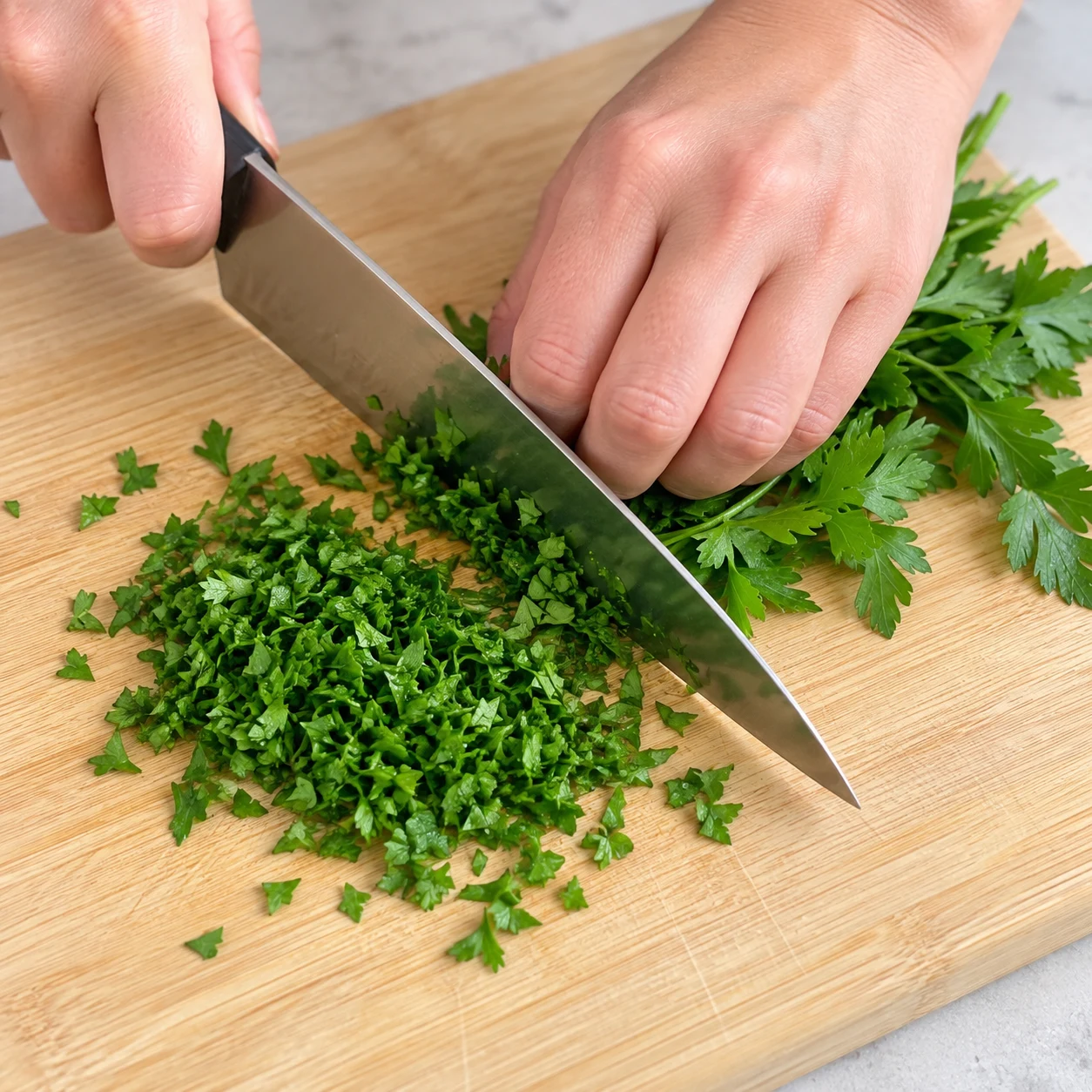 Couteau ciselant du persil frais sur une planche claire, aucun autre ingrédient.