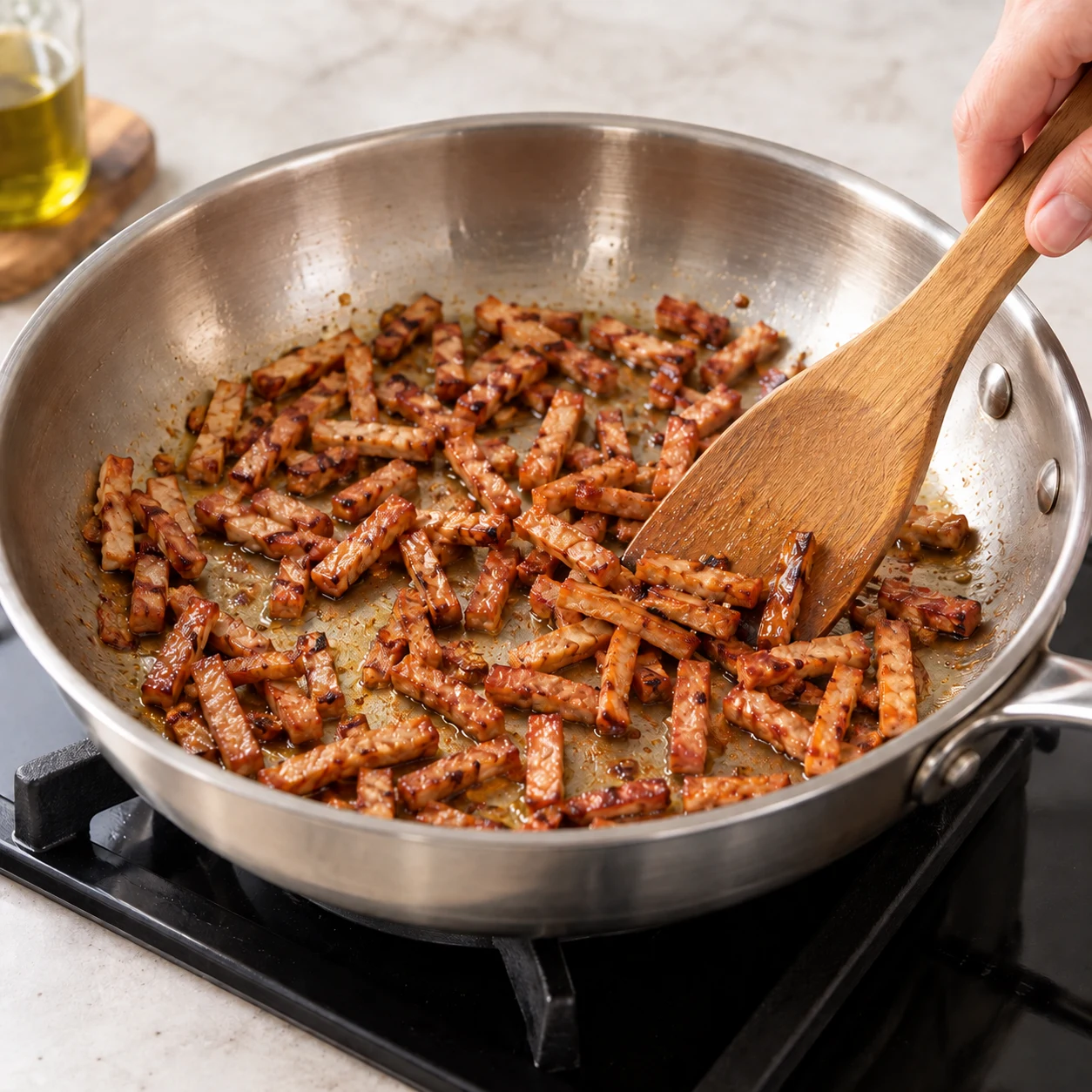 Lardons végétaux fumés dorant dans une poêle.