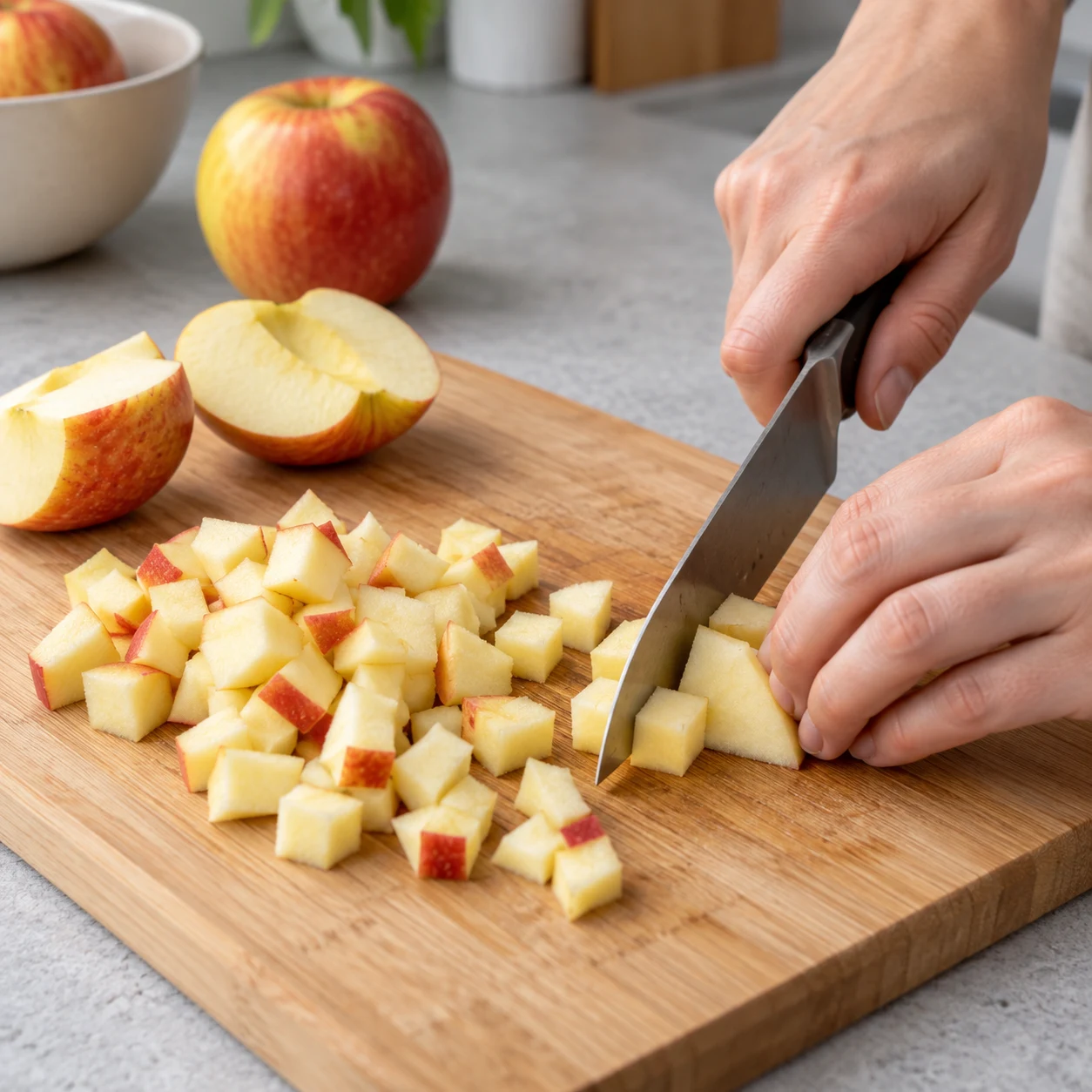 Mains anonymes coupant une pomme en petits dés sur une planche, loin de la lame.