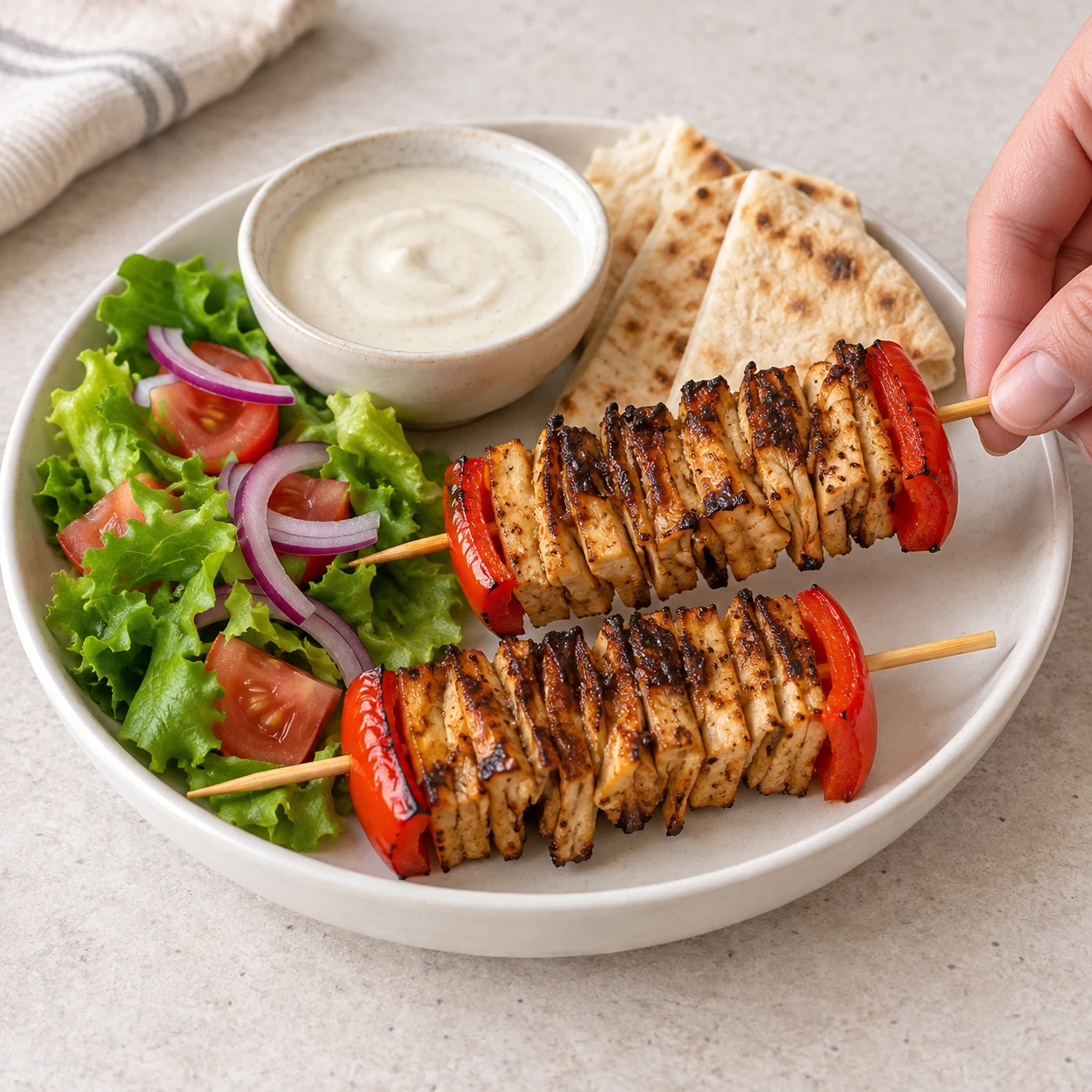 Servir les brochettes : Les brochettes dorées sont servies avec un bol de sauce, du pita et des crudités.