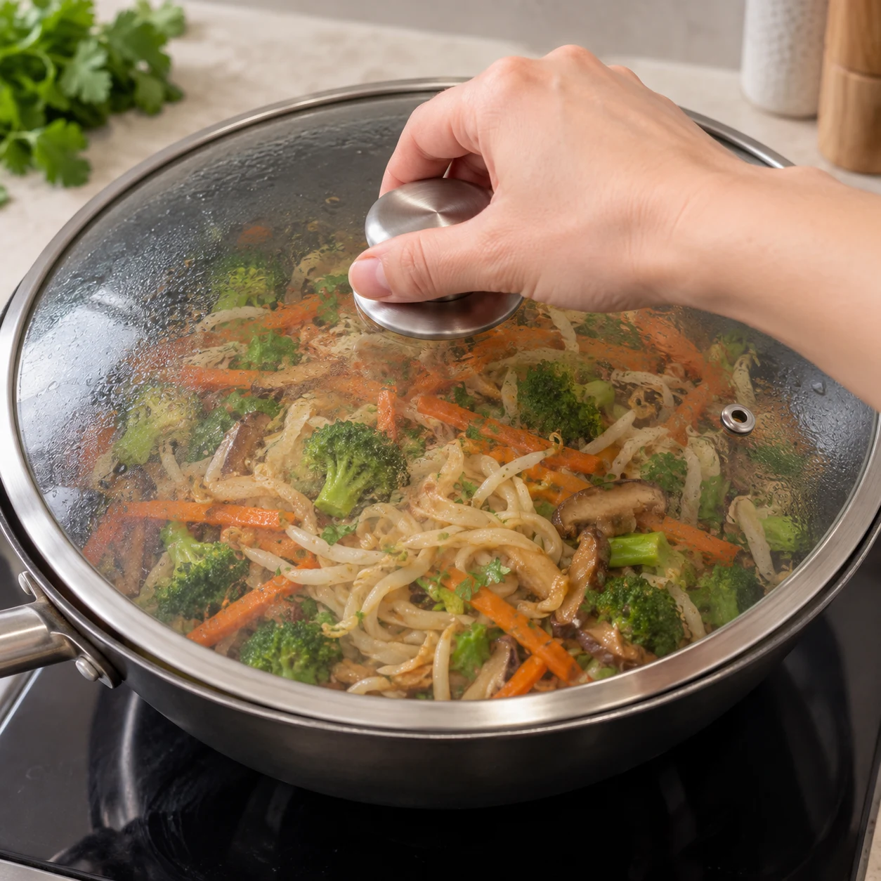 Poser un couvercle sur le wok de nouilles et légumes.