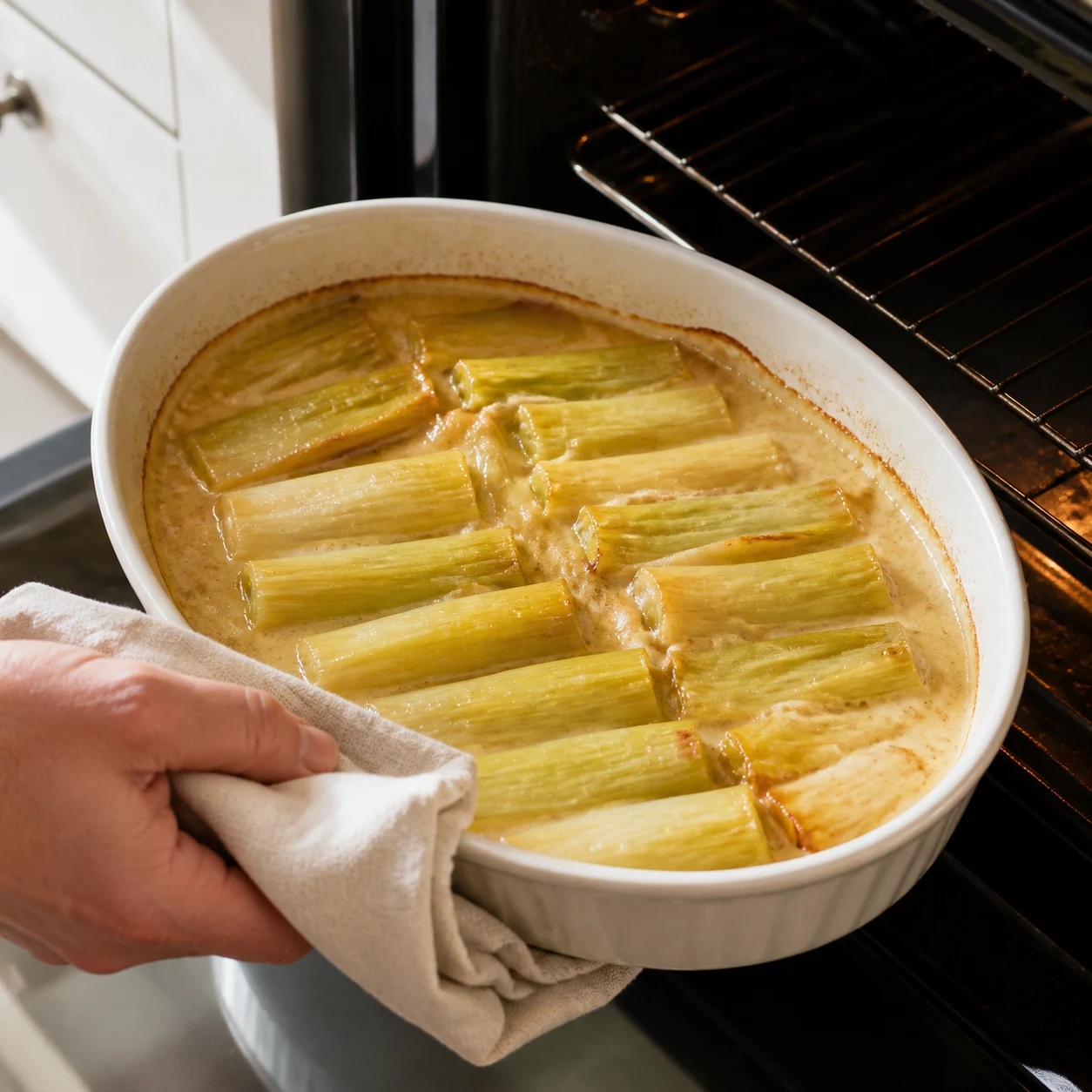 Gratin de poireaux doré à la sortie du four dans son plat ovale, crème légèrement gratinée et herbes visibles.