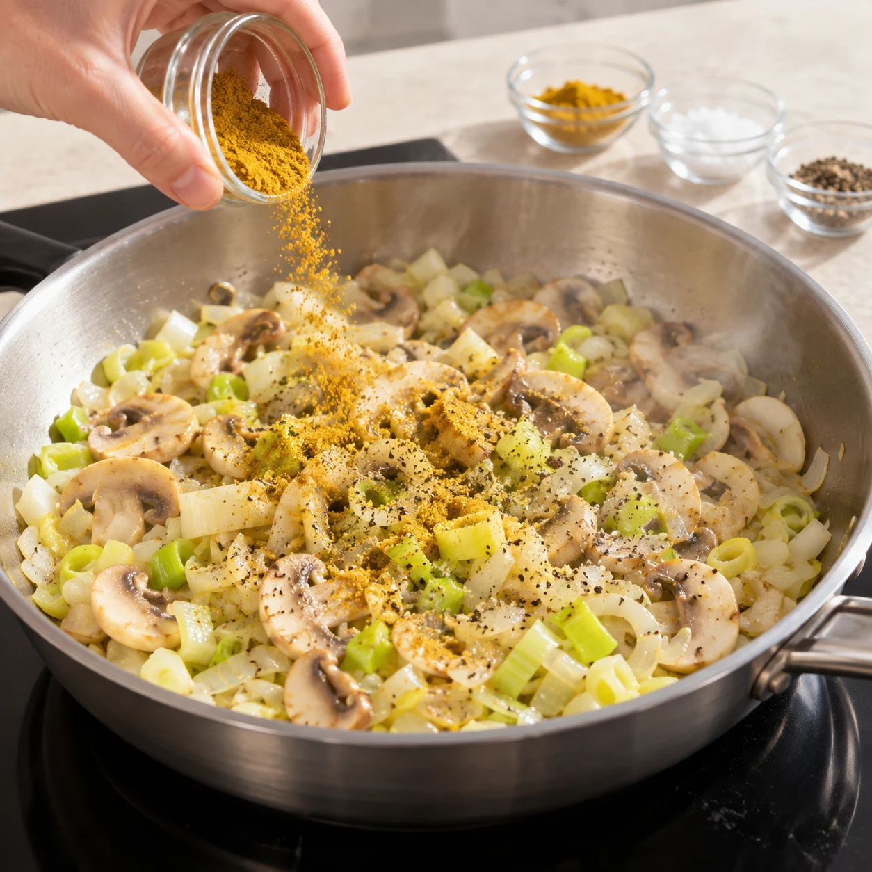 Curry versé sur les légumes dans la poêle, aucun fromage présent.
