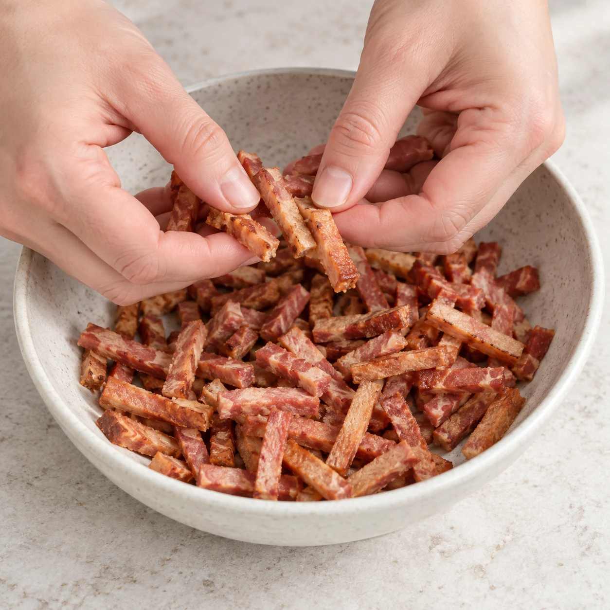 Une seule action : Séparer les lardons végétaux. Les allumettes végétales sont séparées et prêtes à dorer. Uniquement les ingrédients de cette phase : Lardons végétaux fumés. Allumettes végétales fumées rosées à base de soja ; jamais de tofu ni de miso.