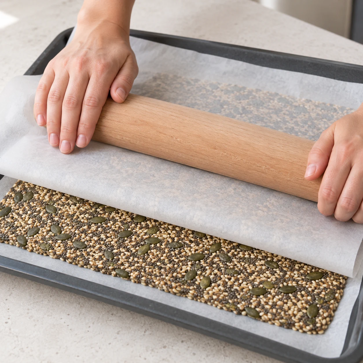 Couche de graines étalée au rouleau entre deux papiers cuisson.