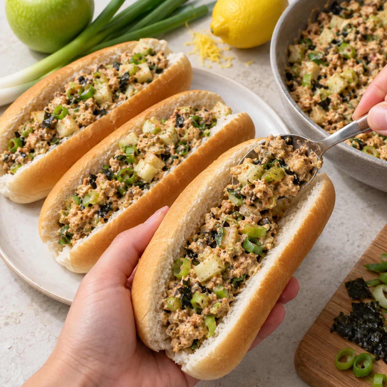 Une cuillère dépose la garniture de steaks émiettés crémeux dans un pain hot-dog ouvert.