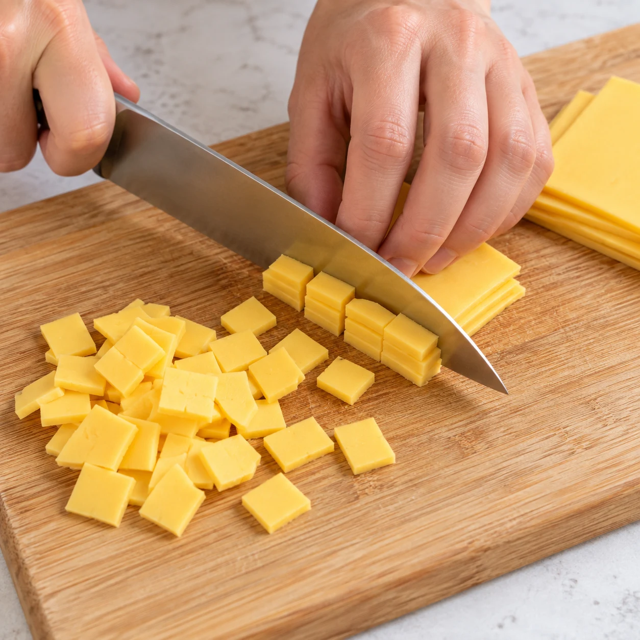 Découpez les tranchettes végétales en petits carrés. Cette garniture remplace la feta de la recette d’origine ; sa quantité reste non précisée, sa texture est plus souple et sa couleur jaune.