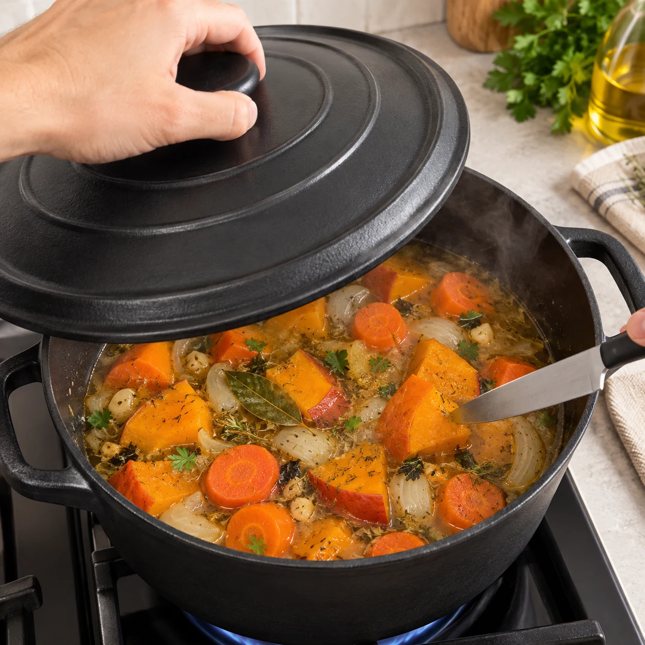 Couvre la cocotte et laisse mijoter 30 minutes à feu moyen. État à montrer : Les carottes et le potimarron sont tendres sous la pointe d’un couteau.