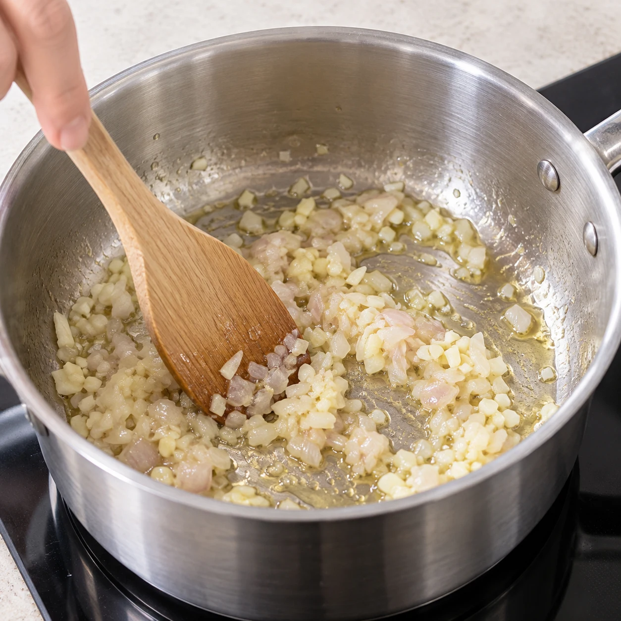 Échalote et ail hachés revenant ensemble dans une casserole avec un film d’huile d’olive, avant les poireaux.