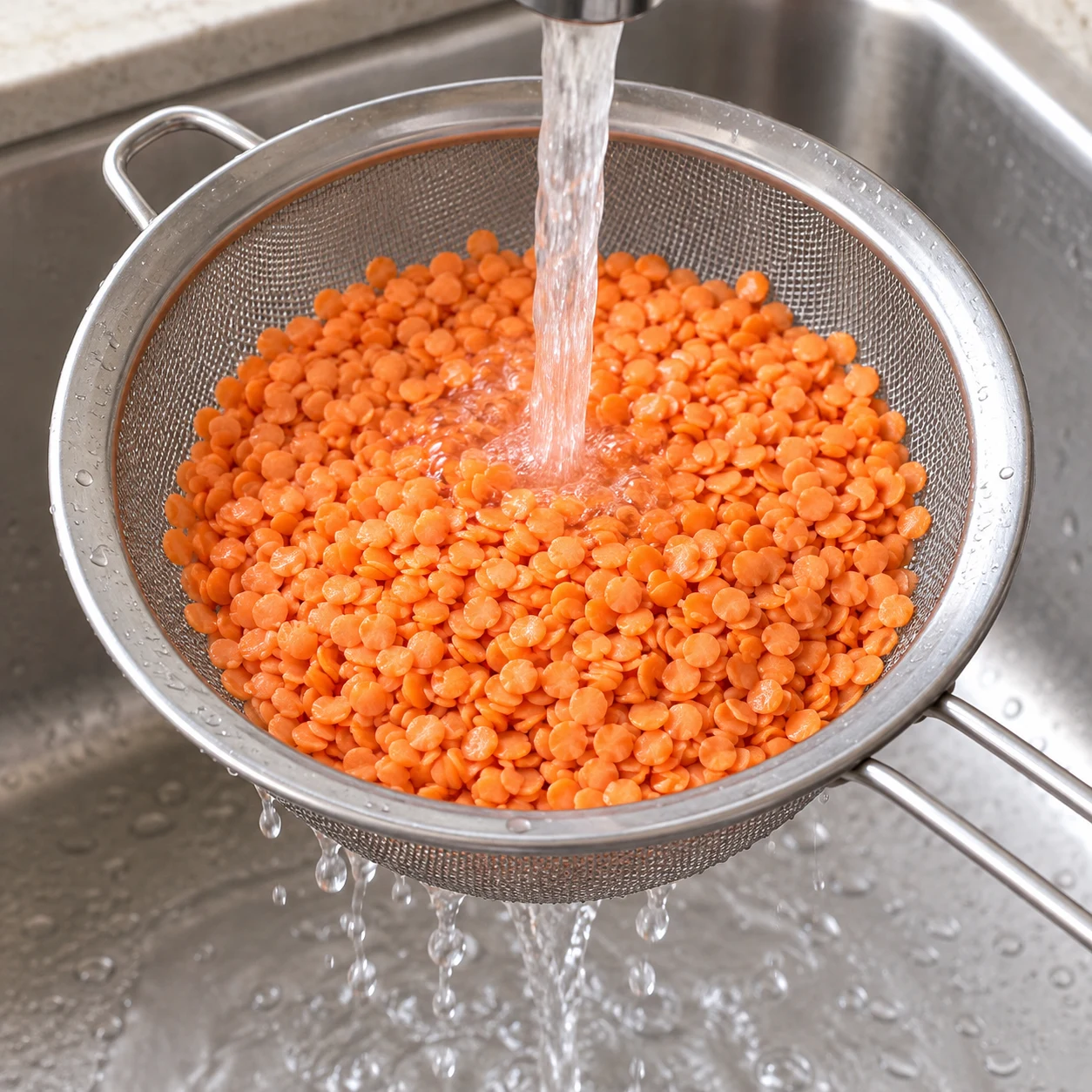 Lentilles corail orange encore non cuites rincées sous un filet d’eau dans une passoire fine. Le geste vient de la recette d’origine ; la capture montre seulement leur état avant cuisson.