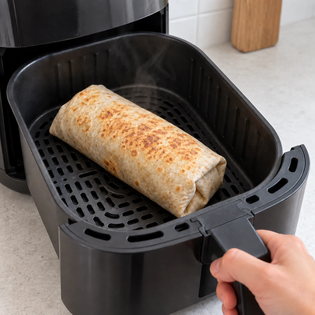 Burrito réchauffé entier dans une assiette blanche, tortilla pâle légèrement chauffée sans garniture supplémentaire ni aluminium.