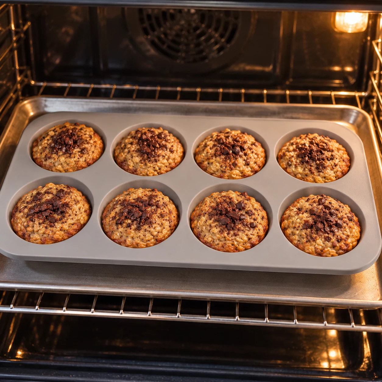 Muffins à l’avoine en cours de cuisson dans le four.