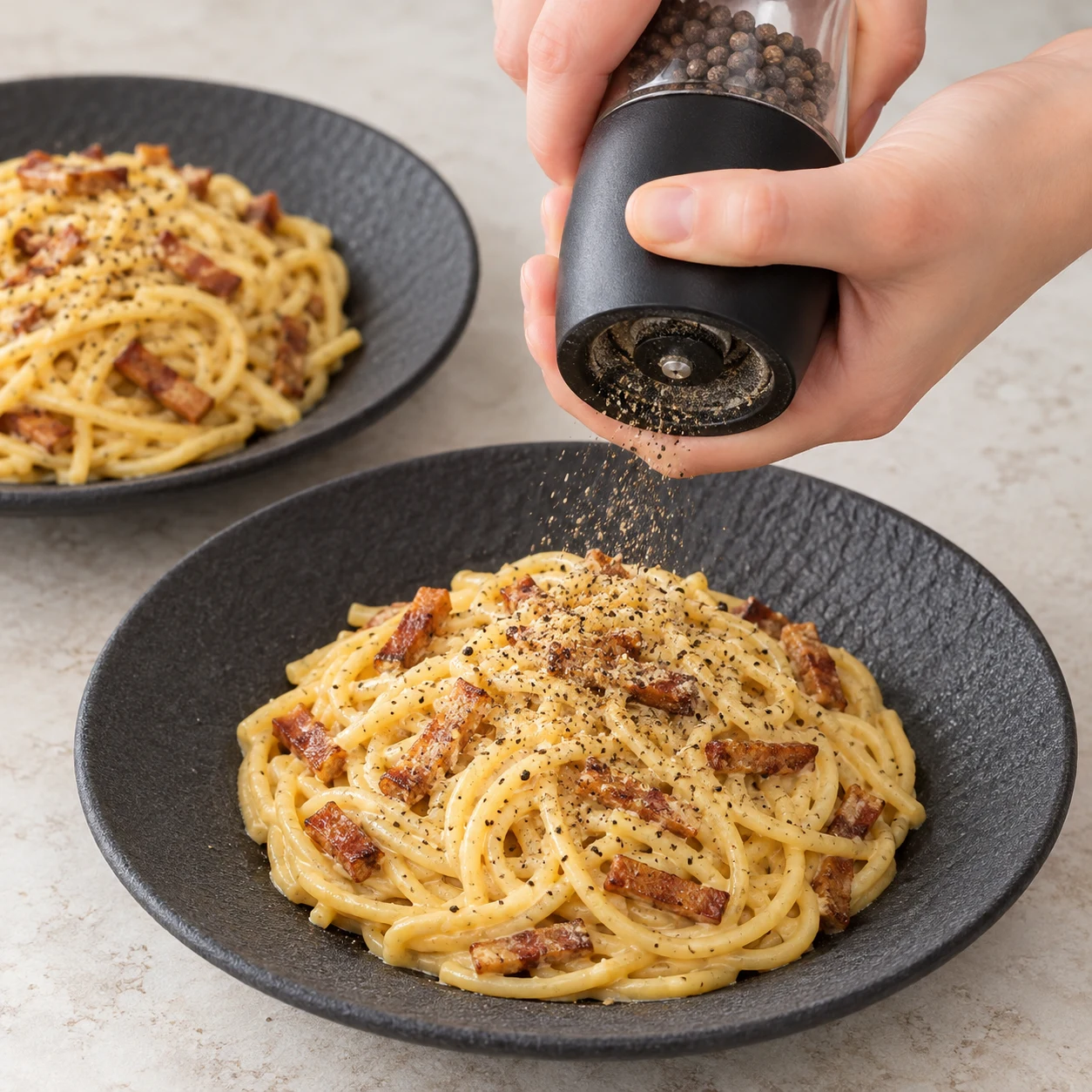 Spaghettis façon carbonara aux lardons végétaux fumés, servis avec du poivre.