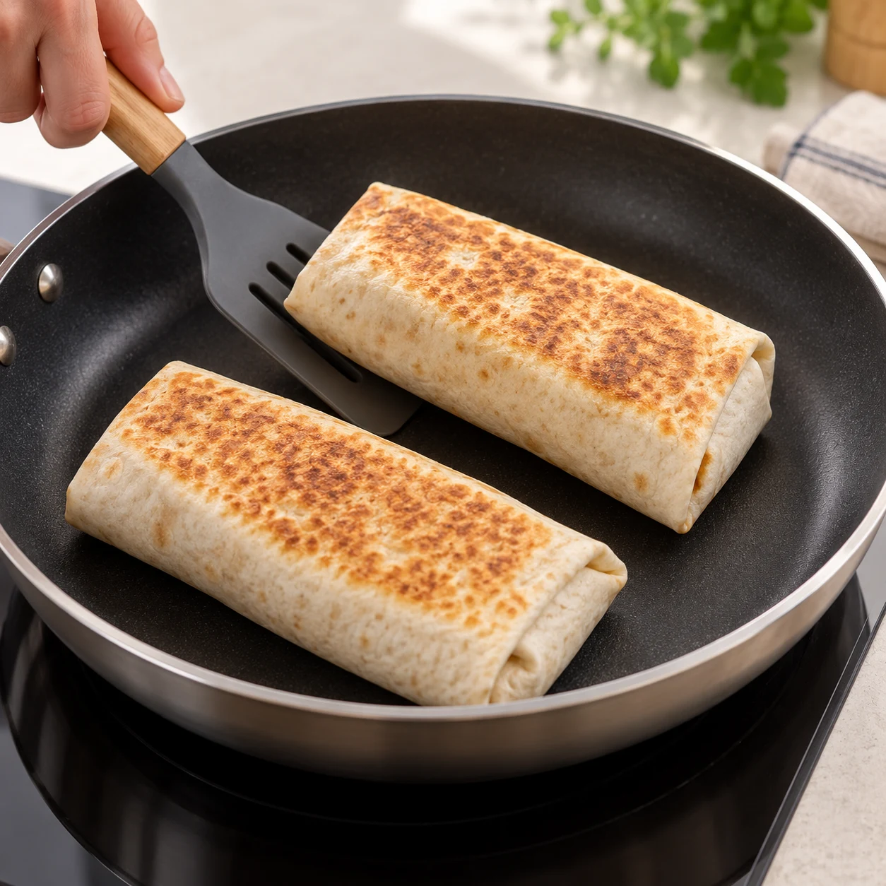 Dans une poêle sans matière grasse, faites griller les burritos 3 à 4 minutes de chaque côté, en surveillant la coloration. Montrer uniquement la phase décrite et la variante végane aux pois chiches.