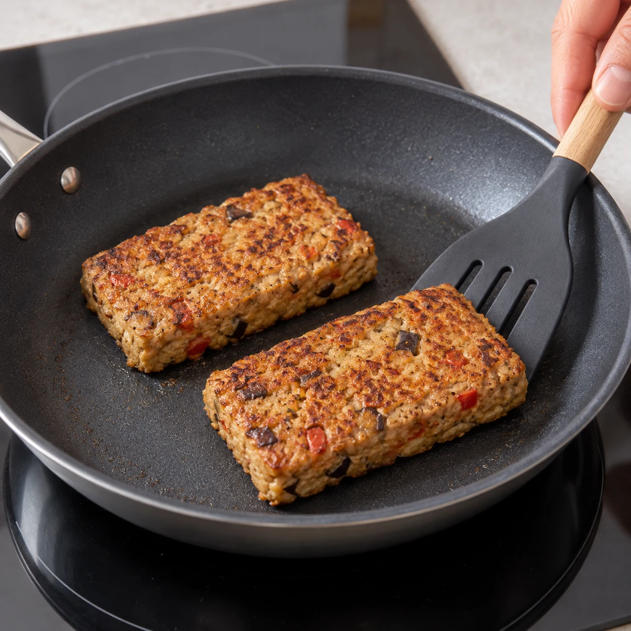 Deux carrés de blé au seitan entiers rectangulaires dorent à plat dans une poêle, sans matière grasse ajoutée.