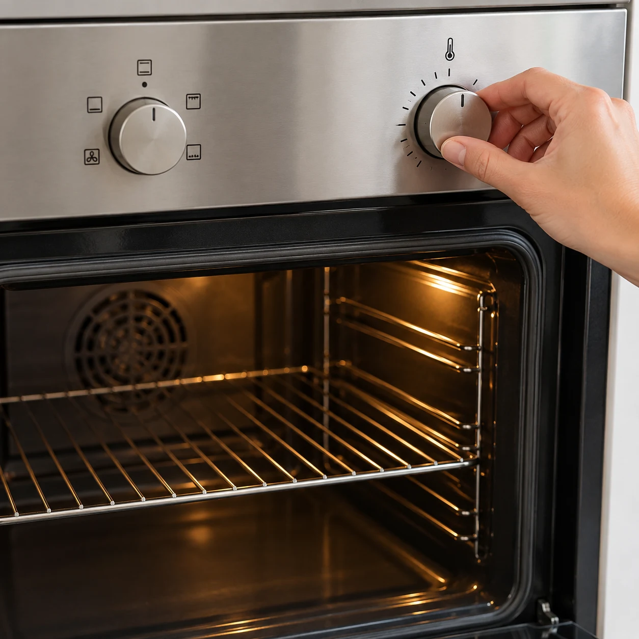 Photographie de cuisine carrée montrant uniquement l’action « Préchauffer le four » et son état : Le four est réglé sur 210 °C. Uniquement les ingrédients de cette étape, sans texte ni emballage.