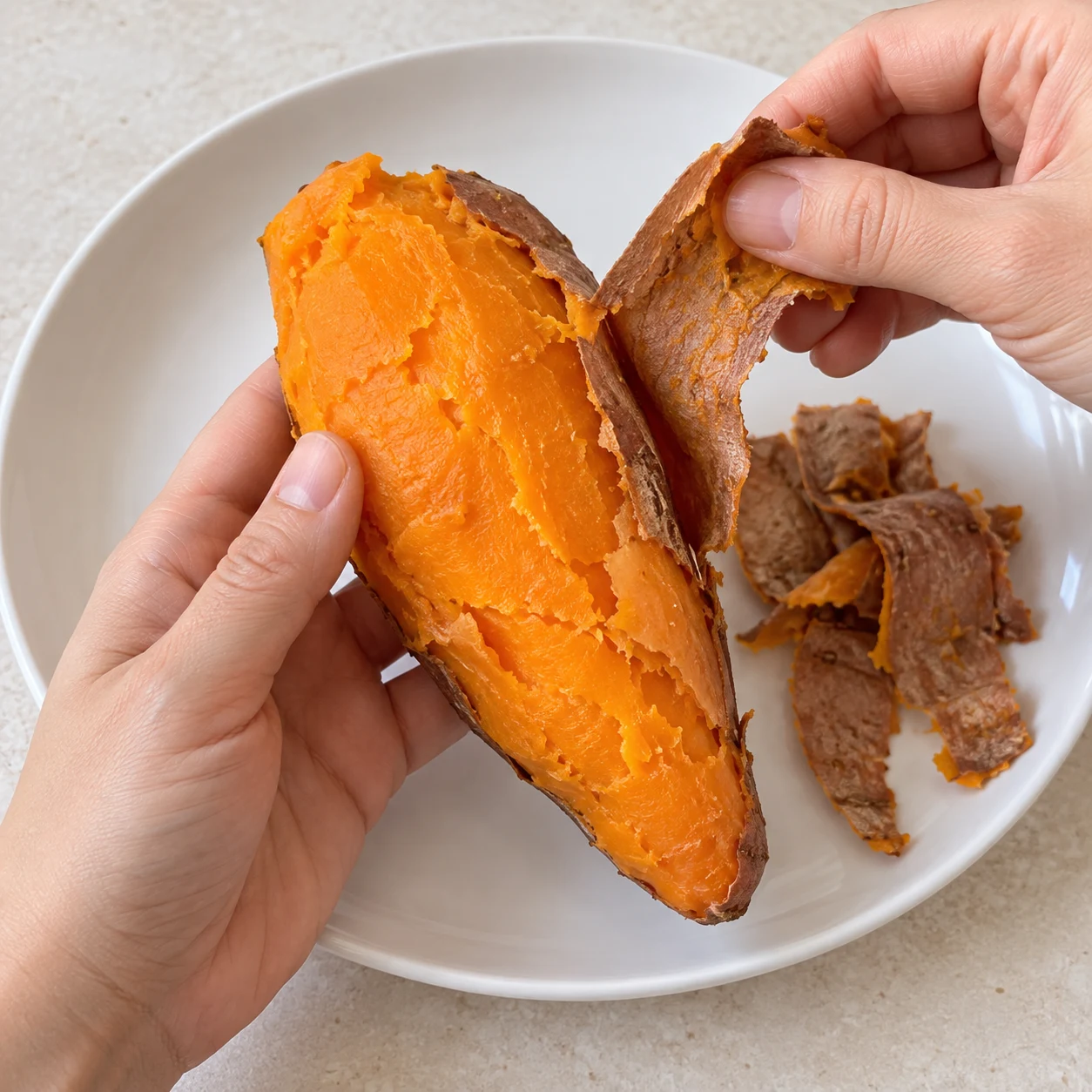 Mains anonymes retirant la peau de la patate douce cuite, chair orange visible.