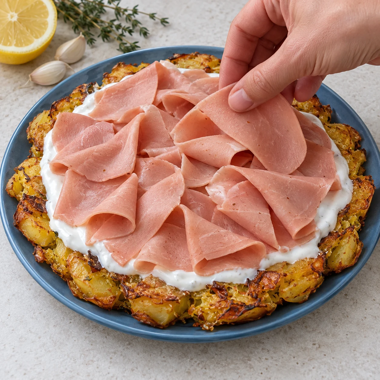 Photographie carrée de l’action : Disposer les tranches végétales. Les tranches végétales couvrent la sauce en plusieurs plis. Ingrédients exclusivement ceux de cette étape ; jambon et fromages sont végétaux.