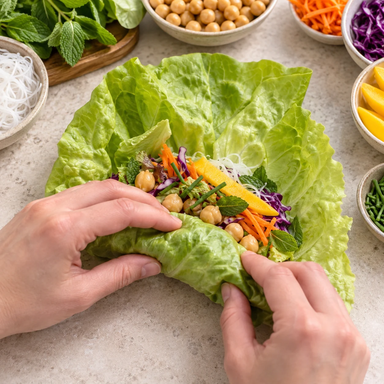 Une seule action : Enrouler le premier bord. La garniture est maintenue sous le premier repli de laitue. Seulement Laitue blonde fraîche en grandes feuilles, Menthe fraîche, Salade verte, Carotte, Chou rouge, Mangue bien mûre, Ciboulette fraîche, Vermicelles de riz secs, Pois chiches cuits égouttés. Toute enveloppe est de la laitue verte opaque. Supprimer toute feuille de riz et toute crevette de la capture de référence. Le geste vient de l’adaptation explicitement documentée, pas du geste filmé.