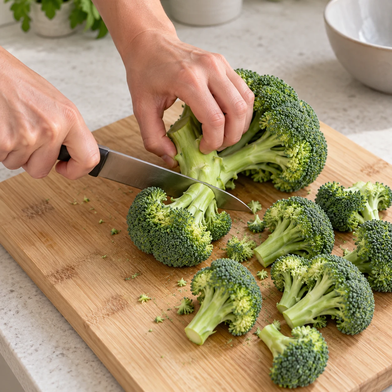Coupe des fleurettes de brocoli sur une planche, prise en griffe sûre.