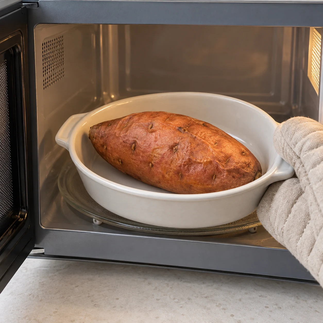 Pose la patate douce dans un récipient adapté au micro-ondes et cuis-la 15 minutes à 800 W, comme indiqué par l’auteur. Manipule-la avec une protection contre la chaleur. Montrer seulement les ingrédients déjà introduits dans cette étape, mains adultes anonymes si utiles, pierre pâle et lumière naturelle, aucune personne identifiable ni texte.
