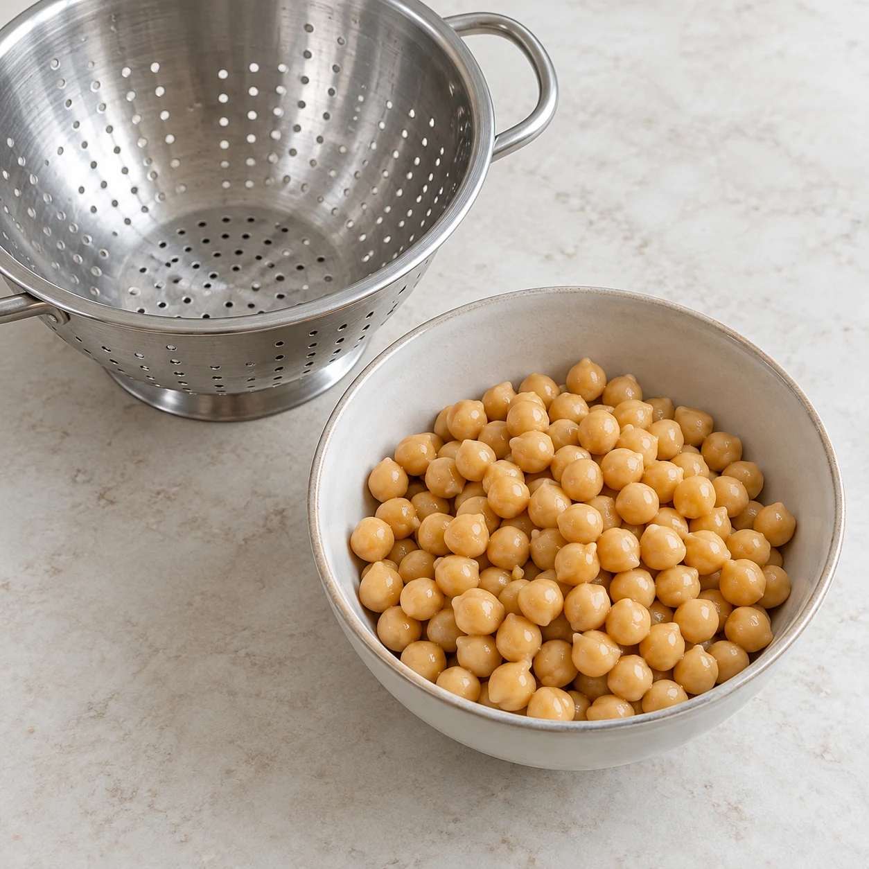 Égoutte les pois chiches dans une passoire, puis pèse 200 g égouttés. Résultat visible : La passoire ne goutte plus et le bol contient 200 g de pois chiches égouttés.