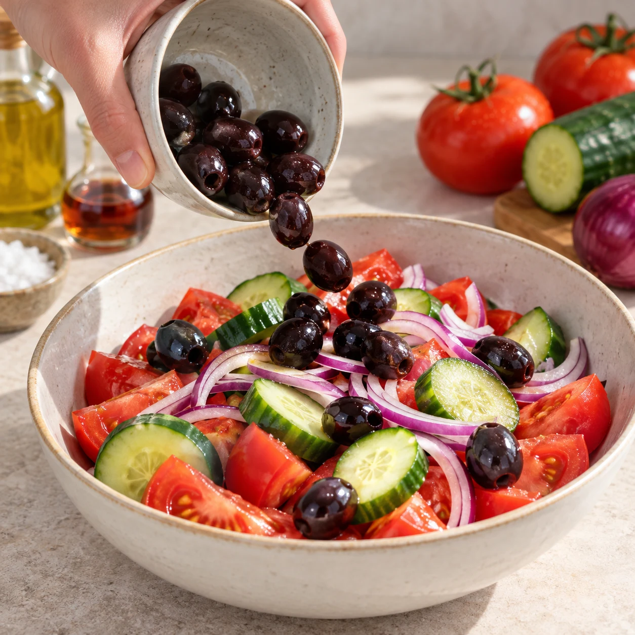 Une main ajoute les olives noires en saumure aux tomates avec les rondelles de concombre et les fines lamelles d’oignon rouge.