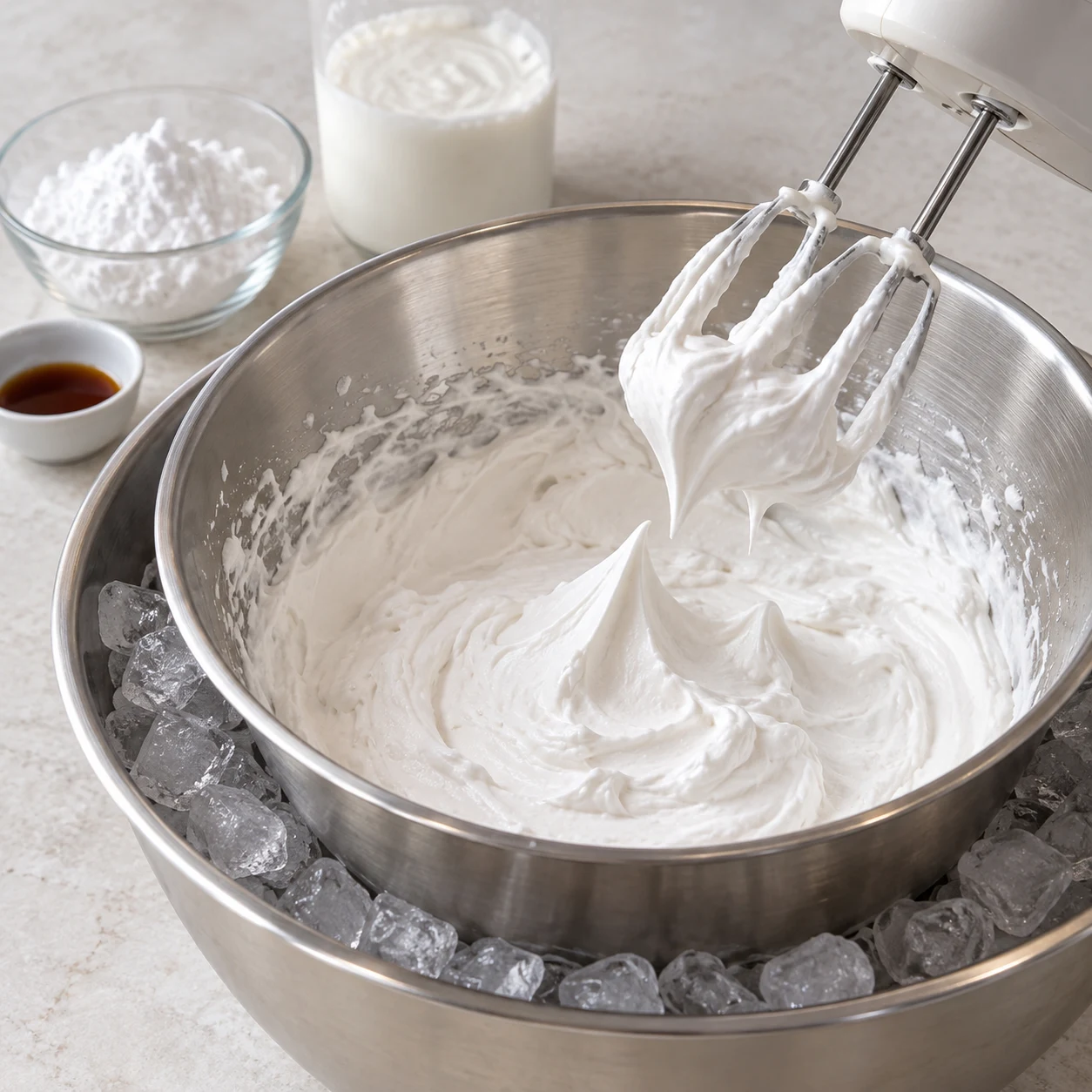 Monter la crème de coco : La crème forme des pics fermes qui conservent leur forme.