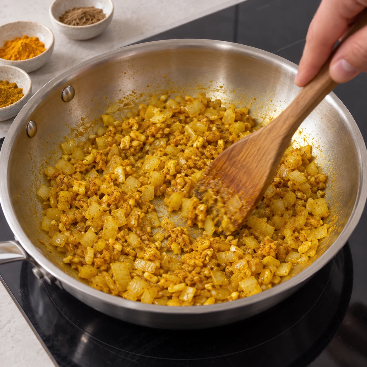 Ajoute curry, cumin et curcuma selon le goût, puis remue pendant les 30 secondes indiquées dans la recette d’origine. Garde une partie des épices pour les steaks végétaux. Montrer : Les oignons sont uniformément jaunes et les épices ne sont pas noircies. Aucun poisson.