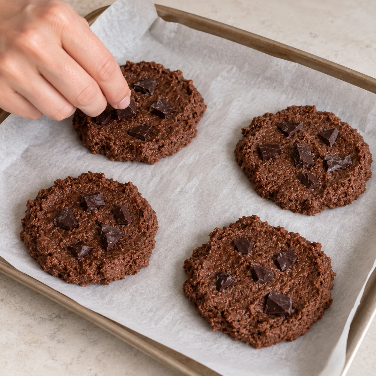 Main adulte anonyme déposant quelques morceaux de chocolat sur quatre cookies bruns crus.