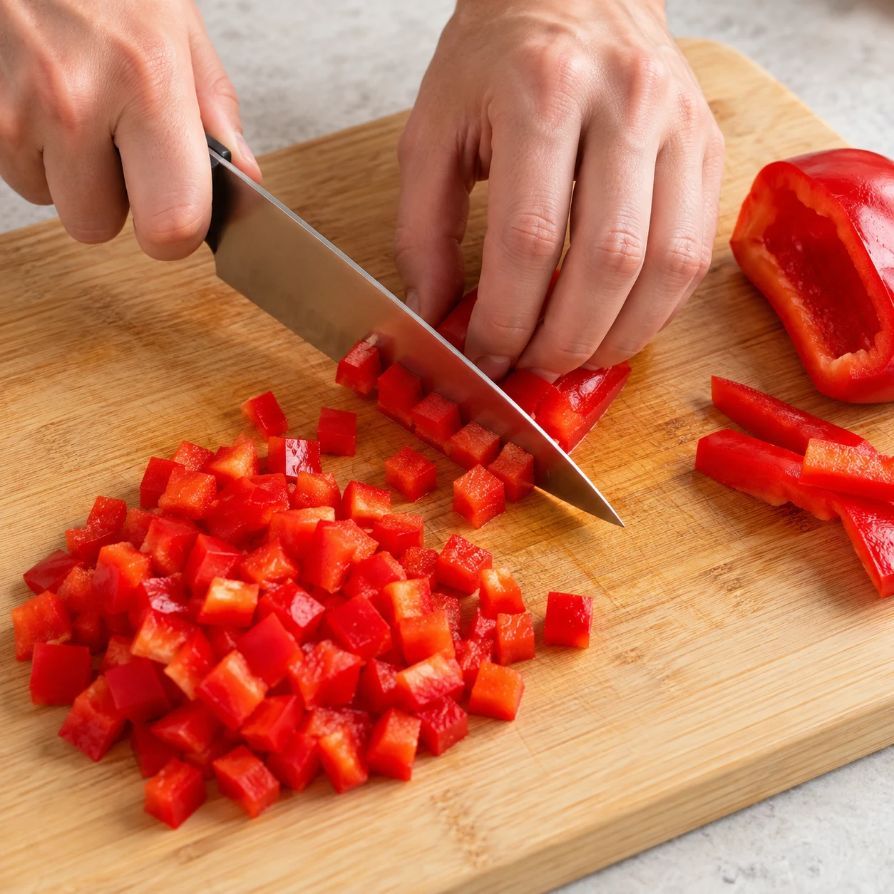 Coupez les 75 g de poivron rouge en petits dés, comme ceux versés dans la recette d’origine.