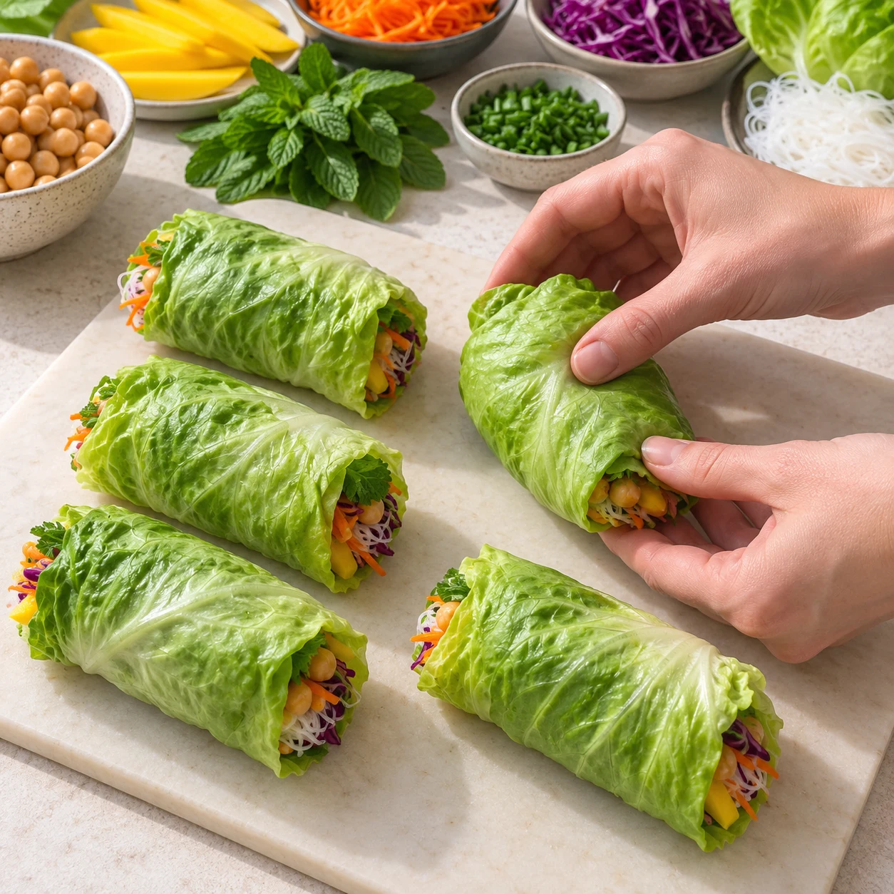Une seule action : Fermer les rouleaux de laitue. Les cinq rouleaux sont posés jointure dessous et leur garniture reste en place. Seulement Laitue blonde fraîche en grandes feuilles, Menthe fraîche, Salade verte, Carotte, Chou rouge, Mangue bien mûre, Ciboulette fraîche, Vermicelles de riz secs, Pois chiches cuits égouttés. Toute enveloppe est de la laitue verte opaque. Supprimer toute feuille de riz et toute crevette de la capture de référence. Le geste vient de l’adaptation explicitement documentée, pas du geste filmé.