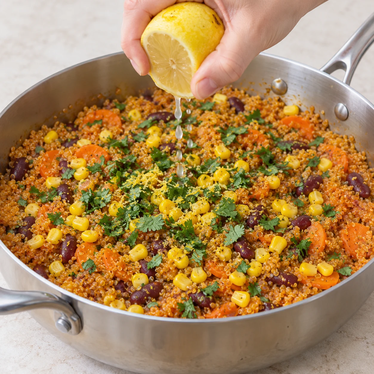 Un demi-citron jaune pressé au-dessus de quinoa orange, maïs, coriandre et haricots.