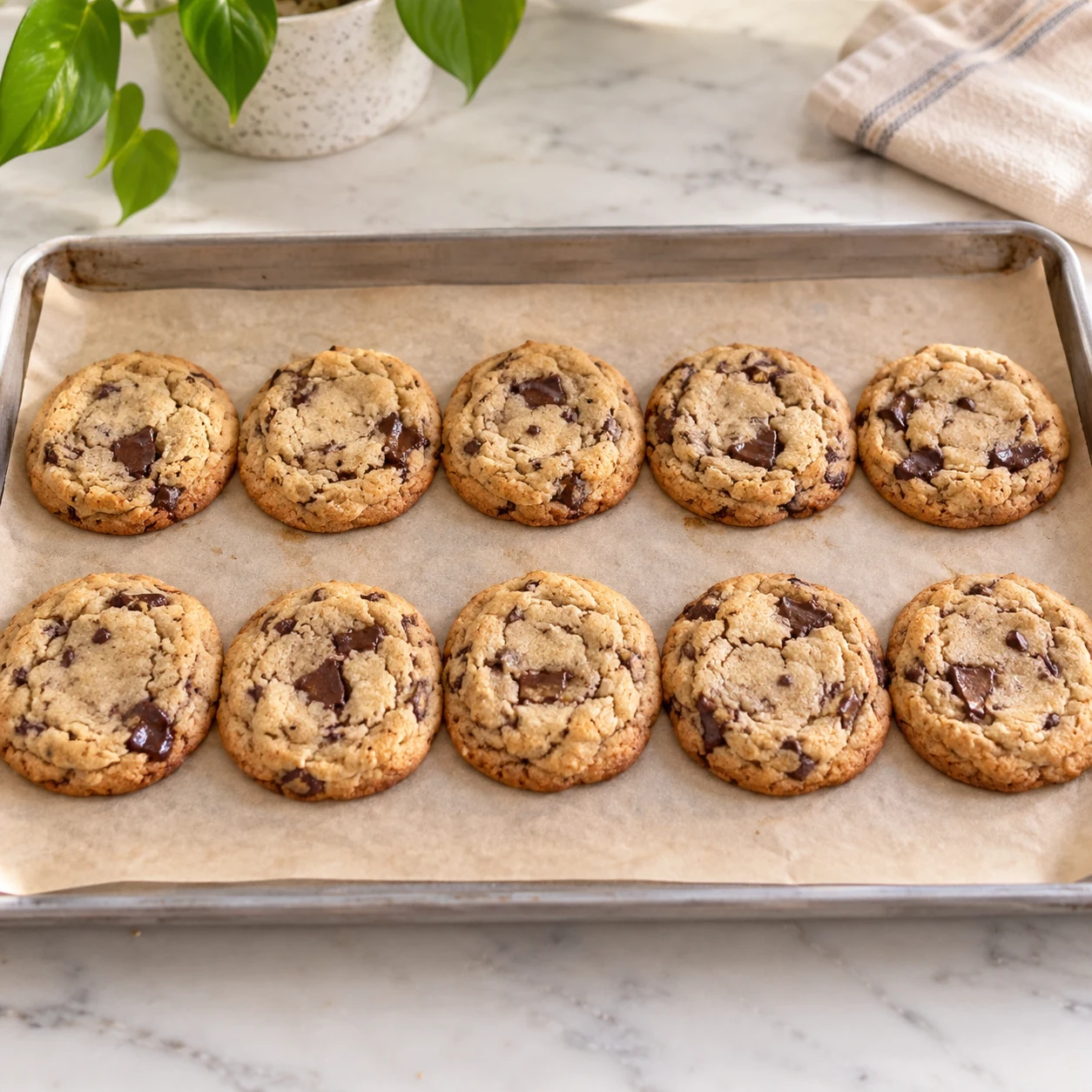 Dix cookies refroidissant sur plaque, bords dorés, centre moelleux, aucun geste ni main.