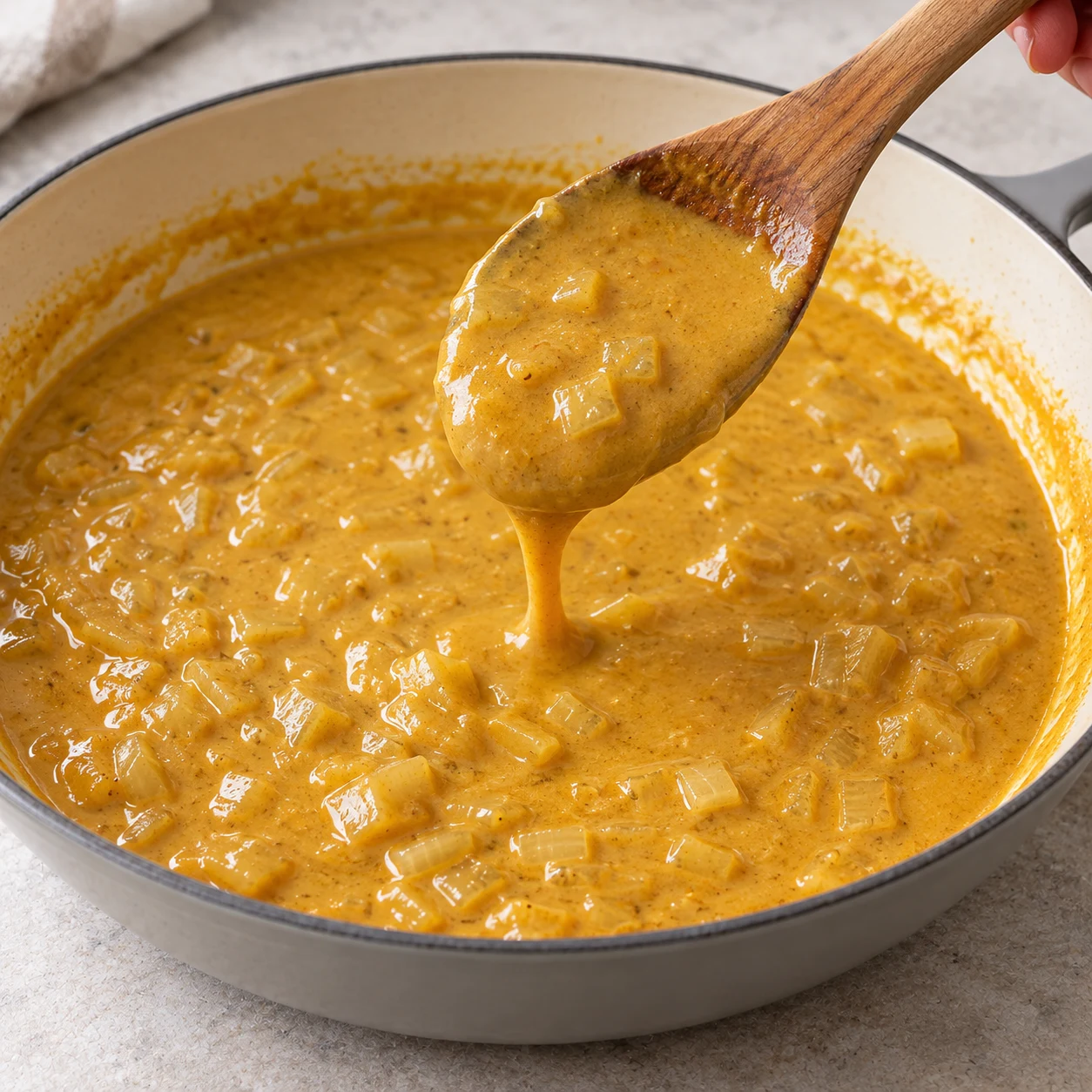 Sauce curry dorée crémeuse et nappante, remuée avec une cuillère.