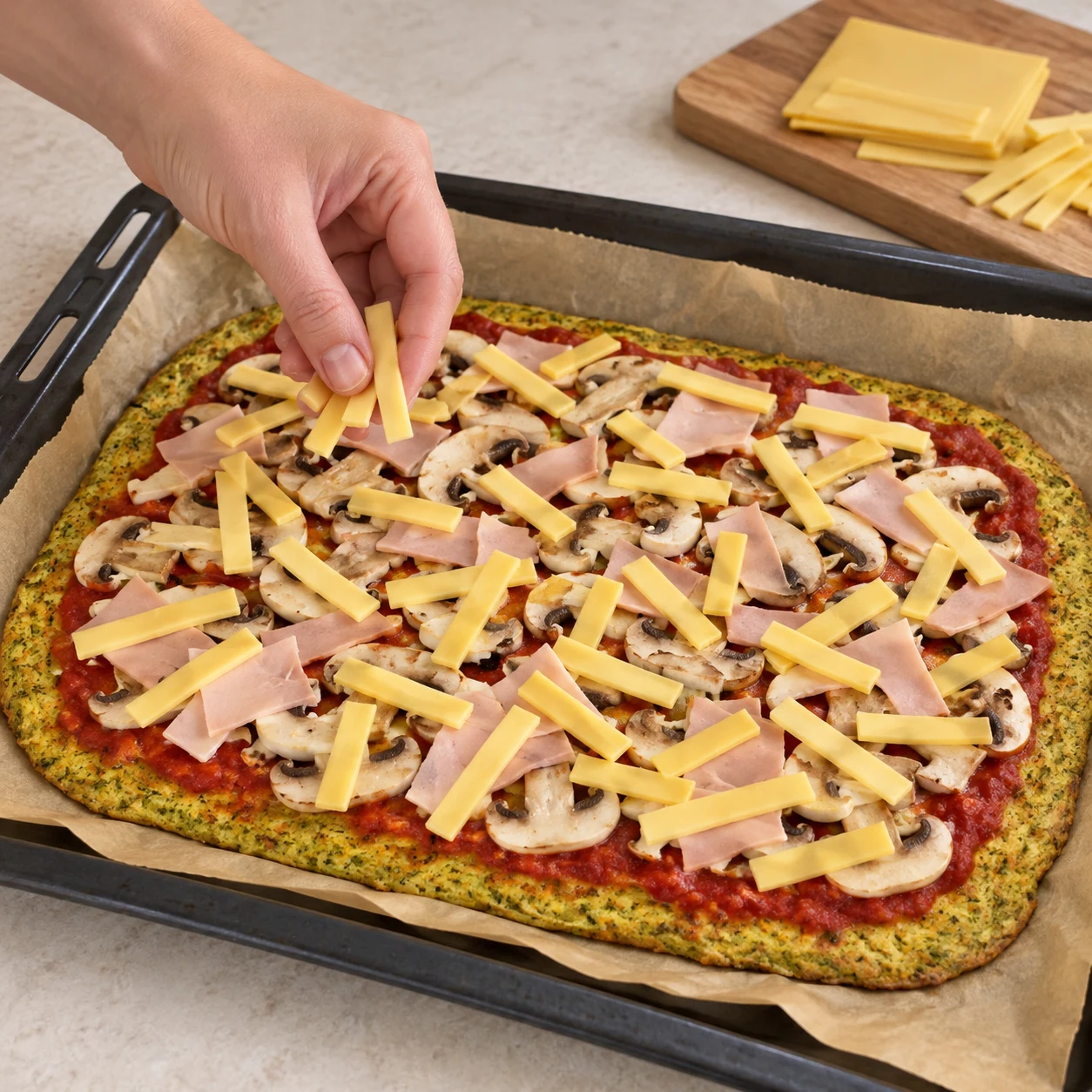 Main posant petites lanières jaunes de fromage végétal sur pizza brocoli sauce tomate champignons et jambon végétal.