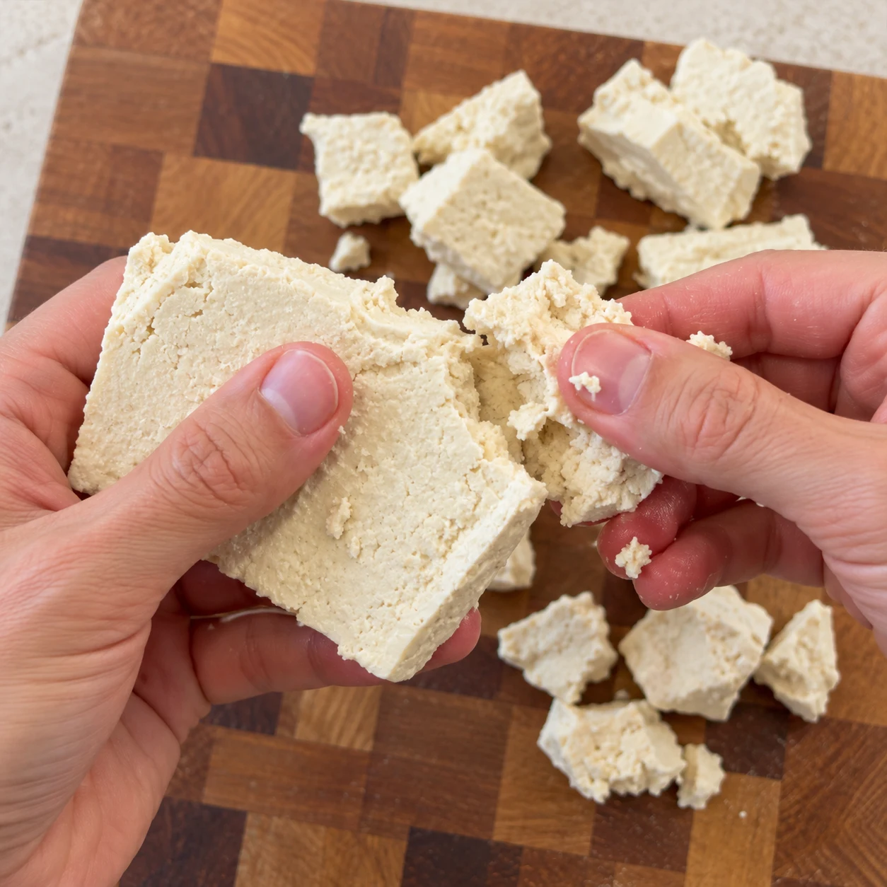 Deux mains adultes anonymes déchirent le tofu ferme blanc au-dessus d’une planche ; texture granuleuse et morceaux irréguliers.