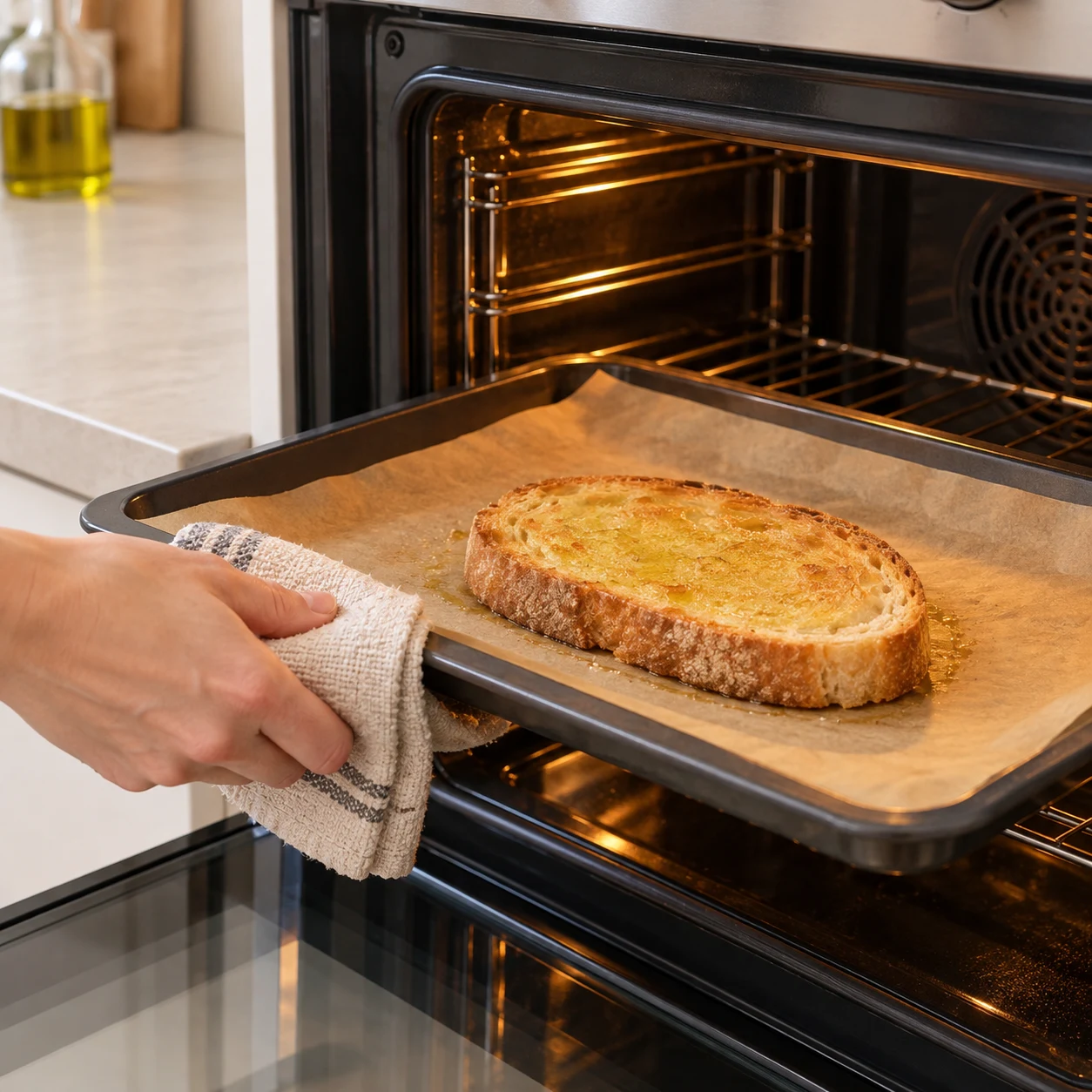 Enfourne la tartine dans le four préchauffé à 200 °C, pendant 5 à 10 minutes, jusqu’à ce que le dessus soit légèrement doré. Photographie carrée de cuisine, ingrédients végétaux finaux seulement, mains adultes anonymes si nécessaires, aucun texte ni visage.