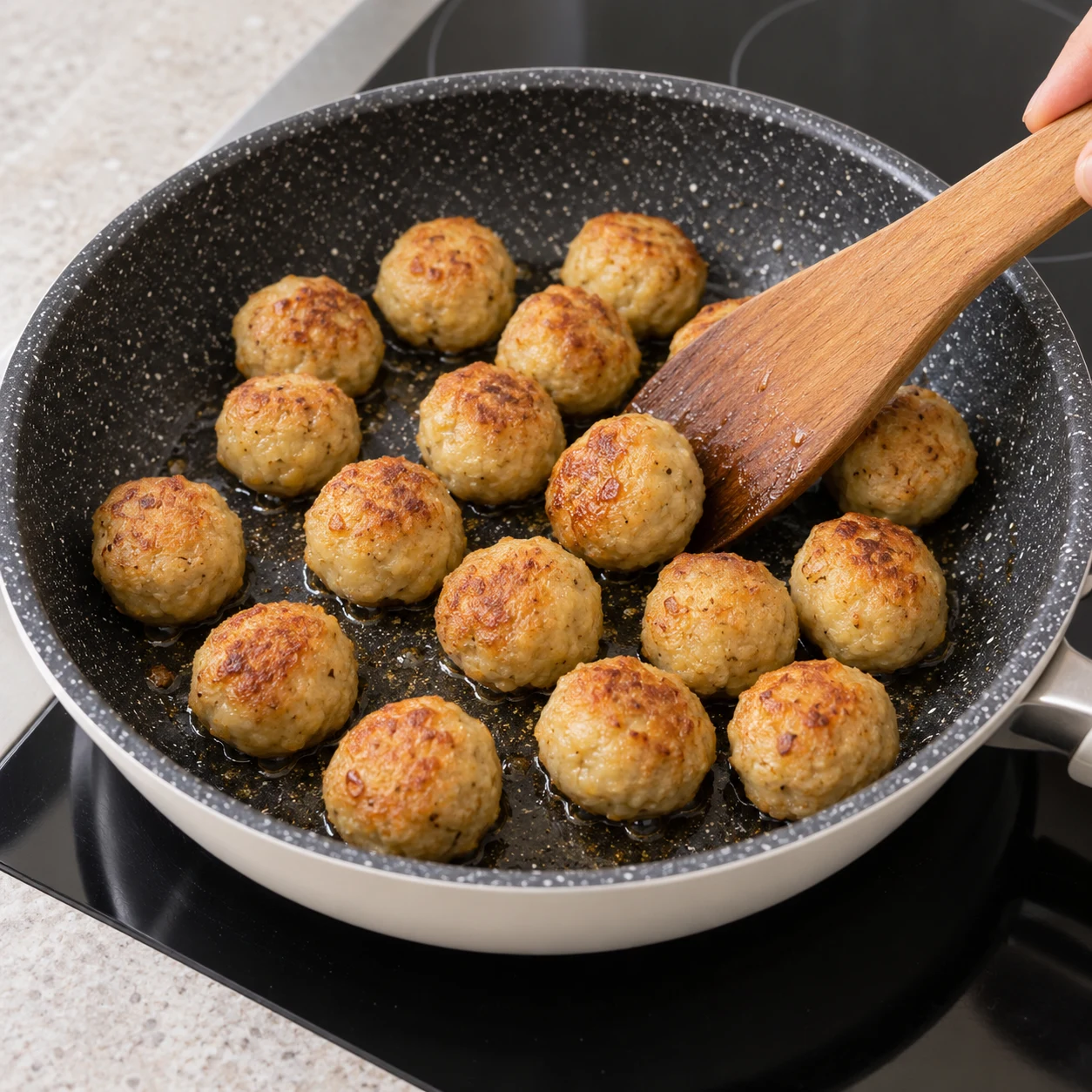 Boulettes beige doré dans une poêle légèrement huilée ; aucune sauce encore.