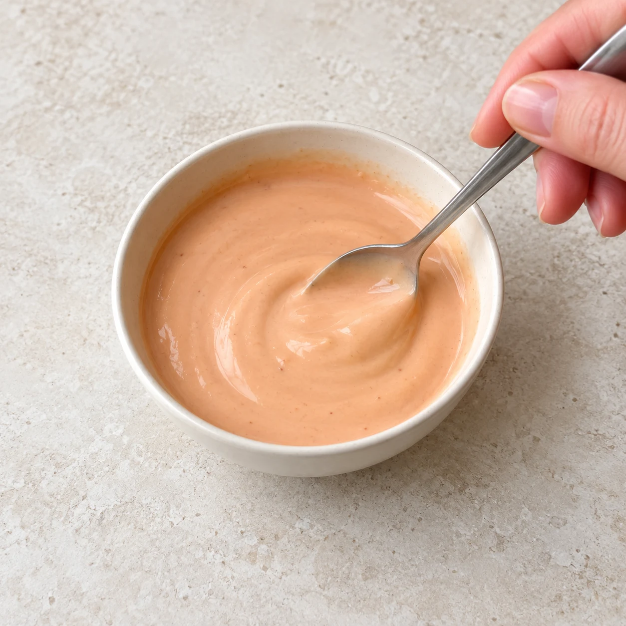 Cuillère mélangeant une sauce rose pâle et fluide à base de crème de soja, ketchup et moutarde, petit bol neutre sans emballage.
