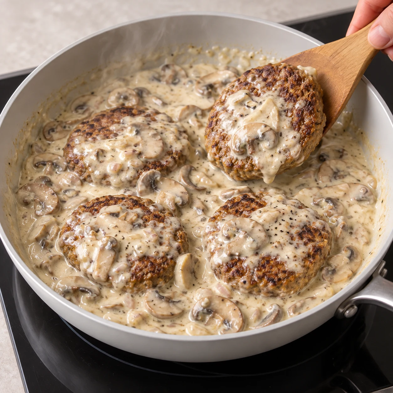 Quatre steaks végétaux déjà formés, aux bords arrondis dorées dans la sauce blanche aux champignons.