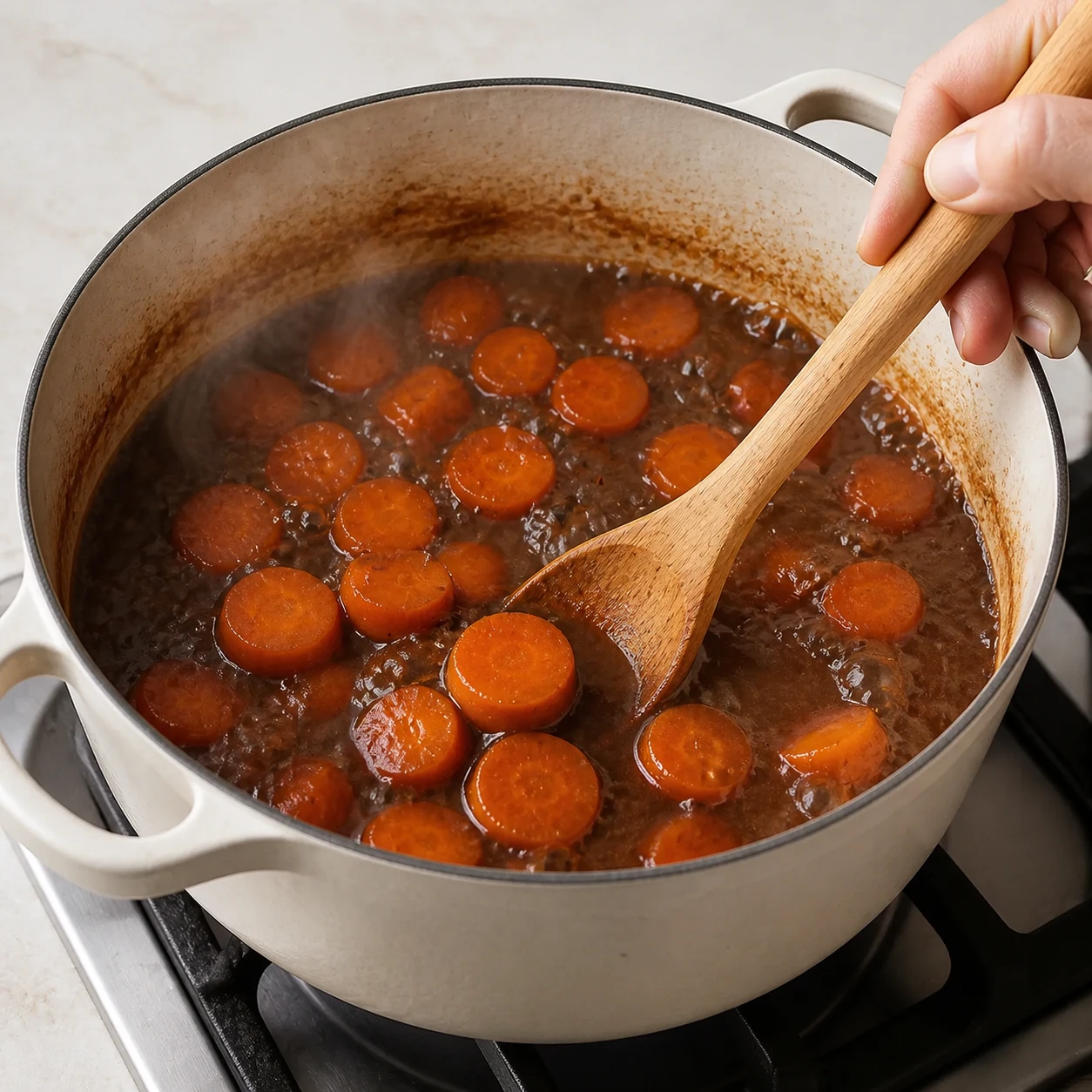 Cocotte de sauce brune avec rondelles de carotte, mijotage doux.