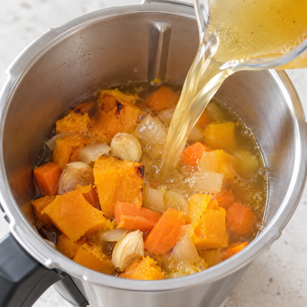 Versez dans le mixeur le bouillon obtenu avec les 7,2 g de cube et les 400 ml d’eau, avec les légumes cuits.