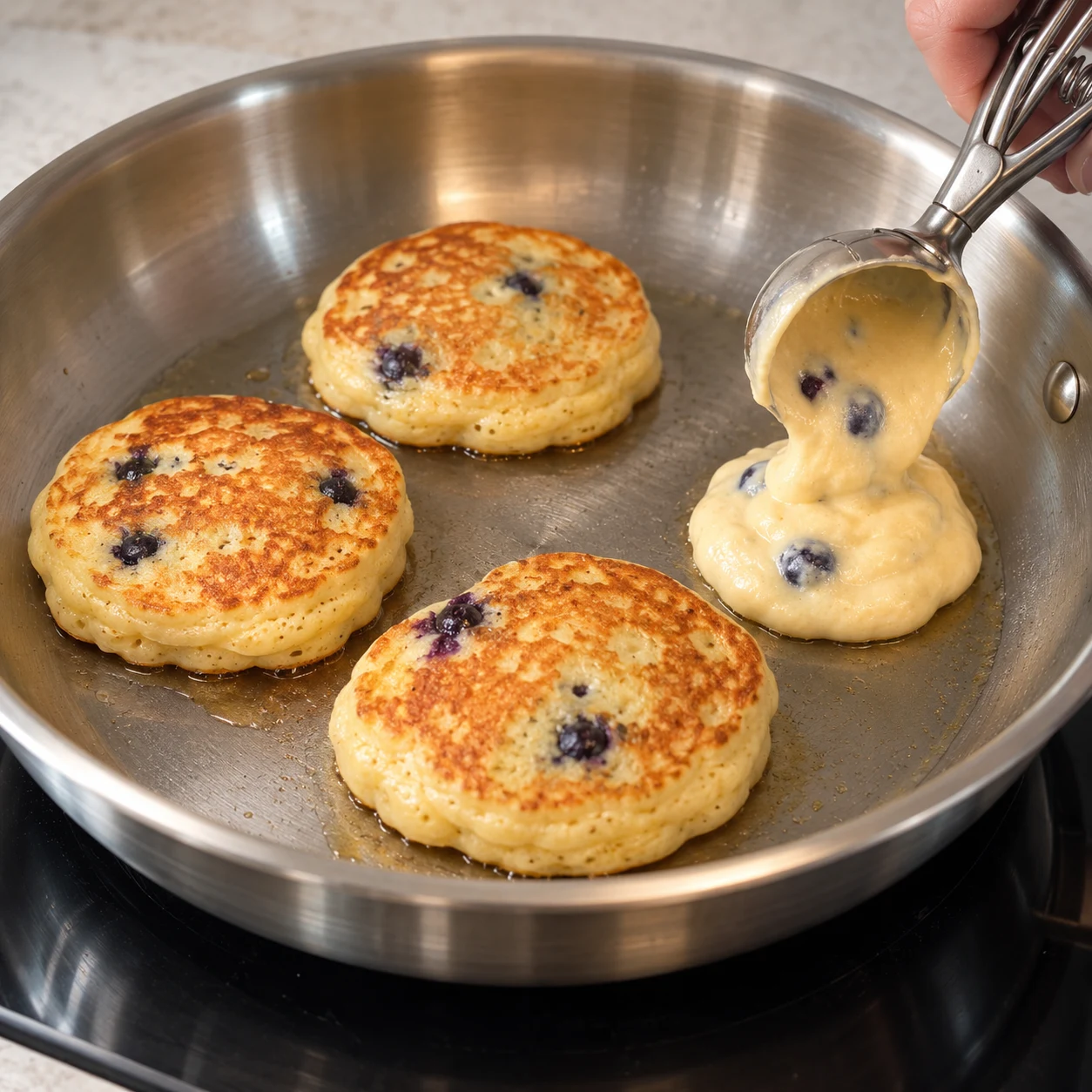 Une cuillère portionneuse dépose un petit pancake épais aux myrtilles dans une poêle en inox ; les dessus sont encore pâles.